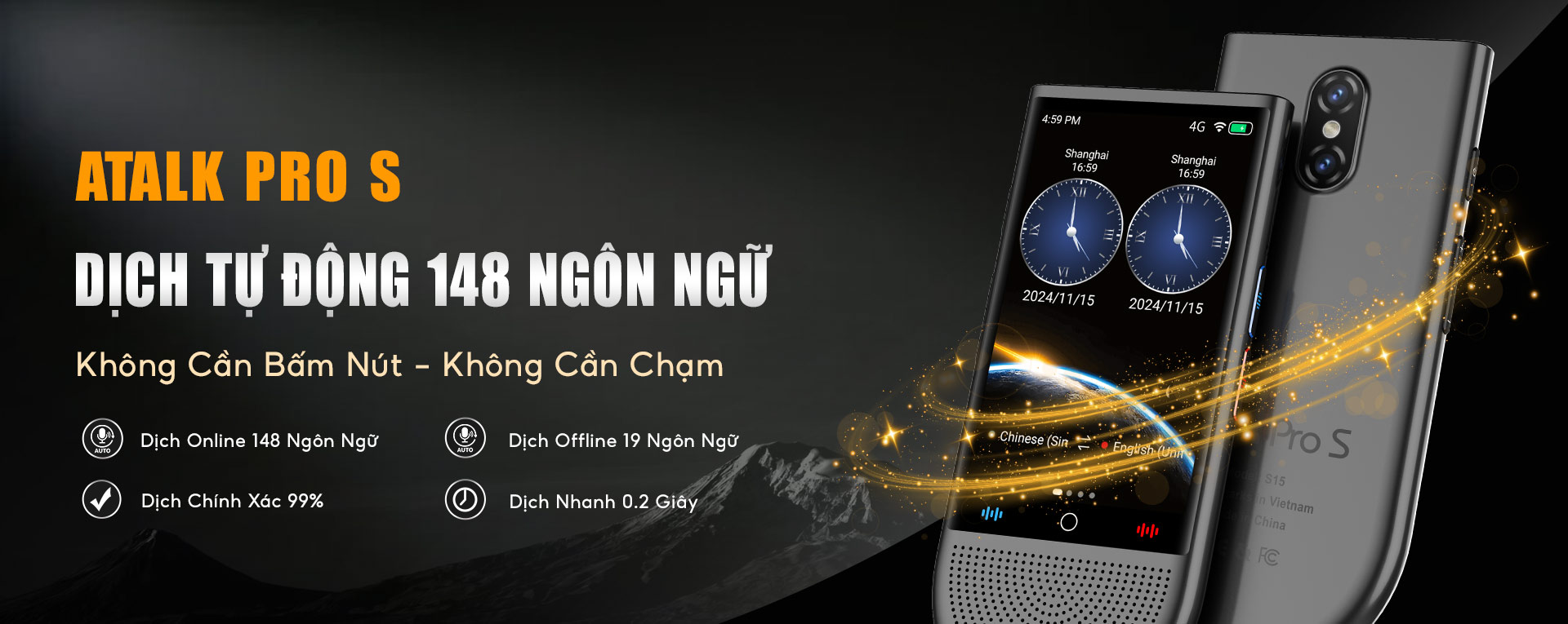 Máy Phiên Dịch ATalk Pro S - Dịch Tự Động 148 Ngôn Ngữ - Không Cần Bấm Nút - Không Cần Chạm