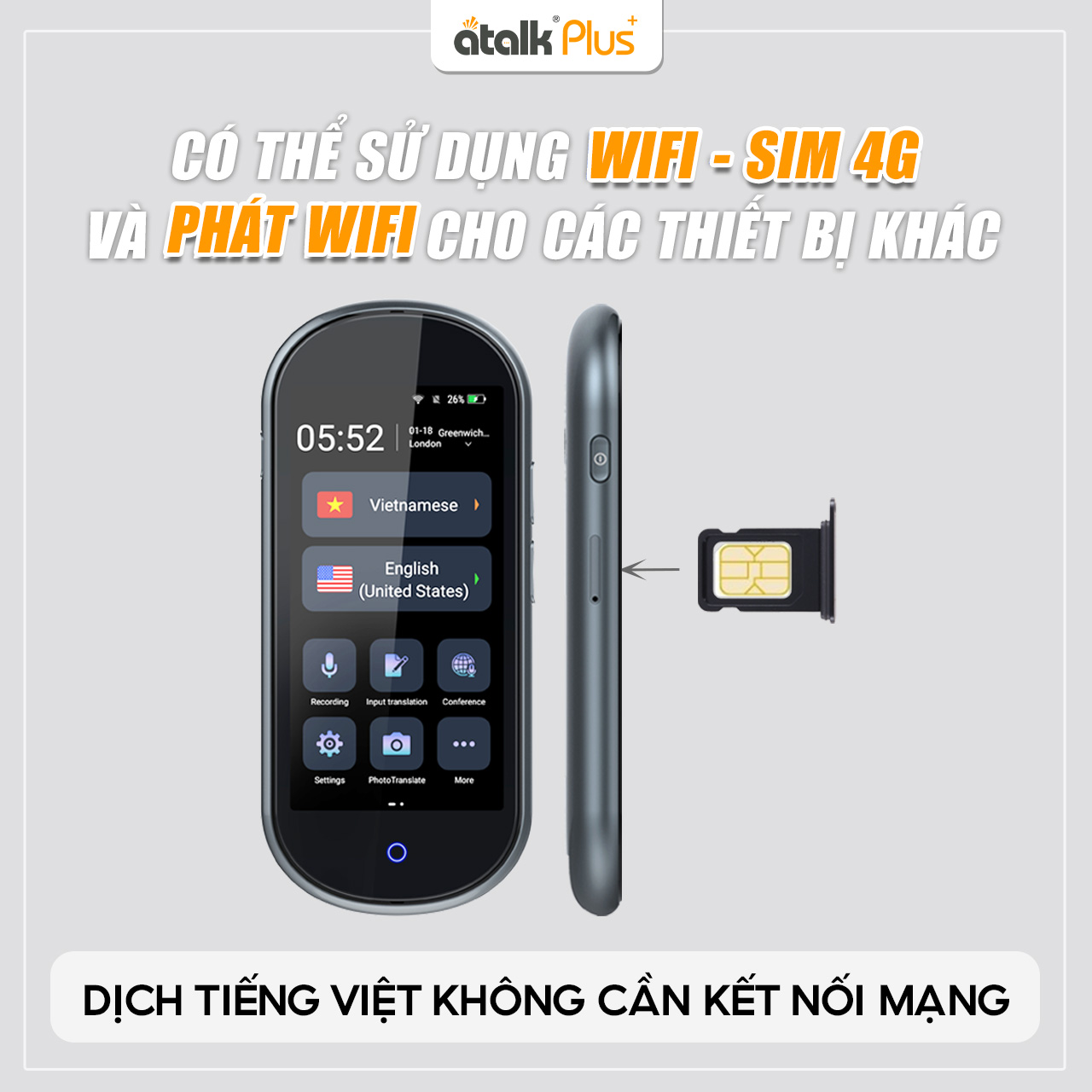 Máy Dịch Ngôn Ngữ ATalk Plus+ - Dịch Tiếng Việt Không Cần Kết Nối Mạng