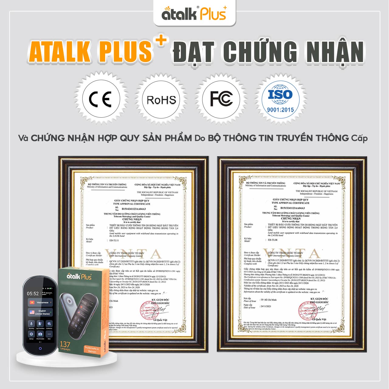 Máy Dịch Ngôn Ngữ Cầm Tay ATalk Plus+ Đạt Chứng Nhận Hợp Quy