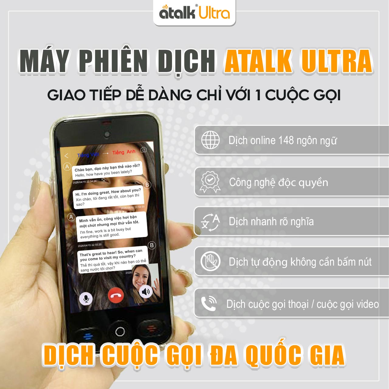 Máy Dịch Thuật ATalk Ultra - Giao Tiếp Dễ Dàng Chỉ Với 1 Cuộc Gọi