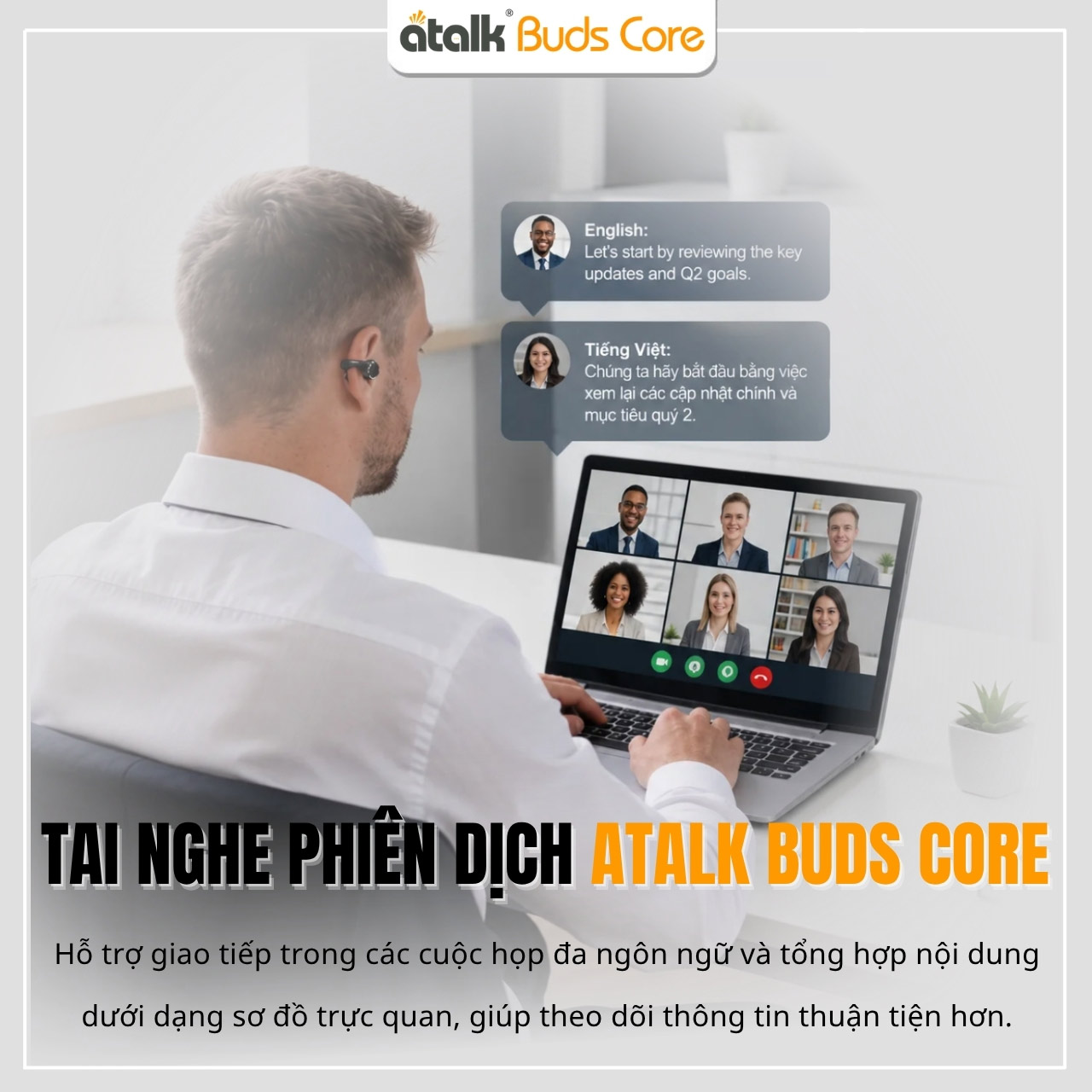 Tai Nghe Phiên Dịch Thông Minh ATalk Buds Core Hỗ Trợ Dịch Hội Nhóm Đa Ngôn Ngữ