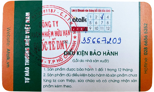 Phiếu Bảo hành chính xác Brand Name Atalk nước Việt Nam lúc mua máy phiên dịch