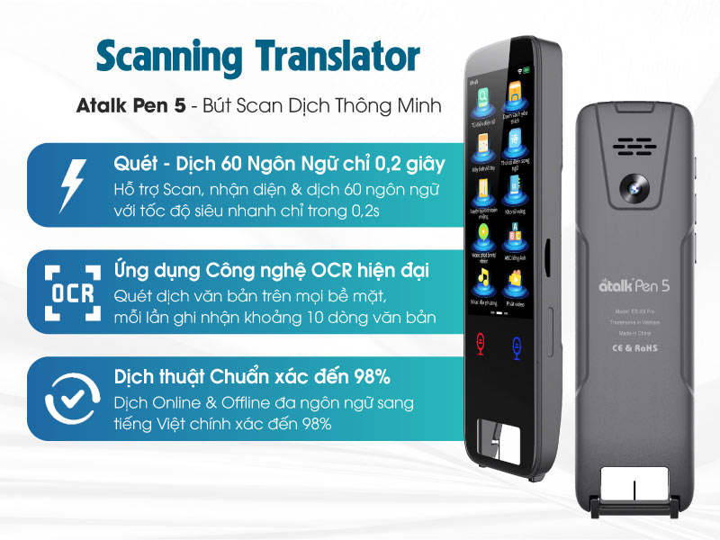 Bút dịch Atalk Pen 5: Tính năng Scanning Quét Dịch Văn Bản 60 Ngôn Ngữ chỉ 0,2 giây Bút dịch Atalk Pen 5: Tính năng Scanning Quét Dịch Văn Bản 60 Ngôn Ngữ chỉ 0,2 giây