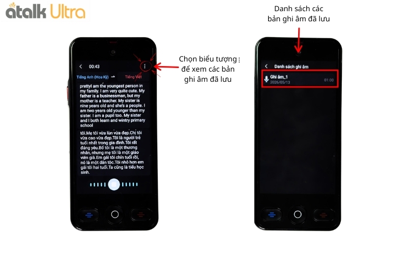 Cách Xem Và Xóa Bản Dịch Ghi Âm Đã Lưu Trên Thiết Bị ATalk Ultra