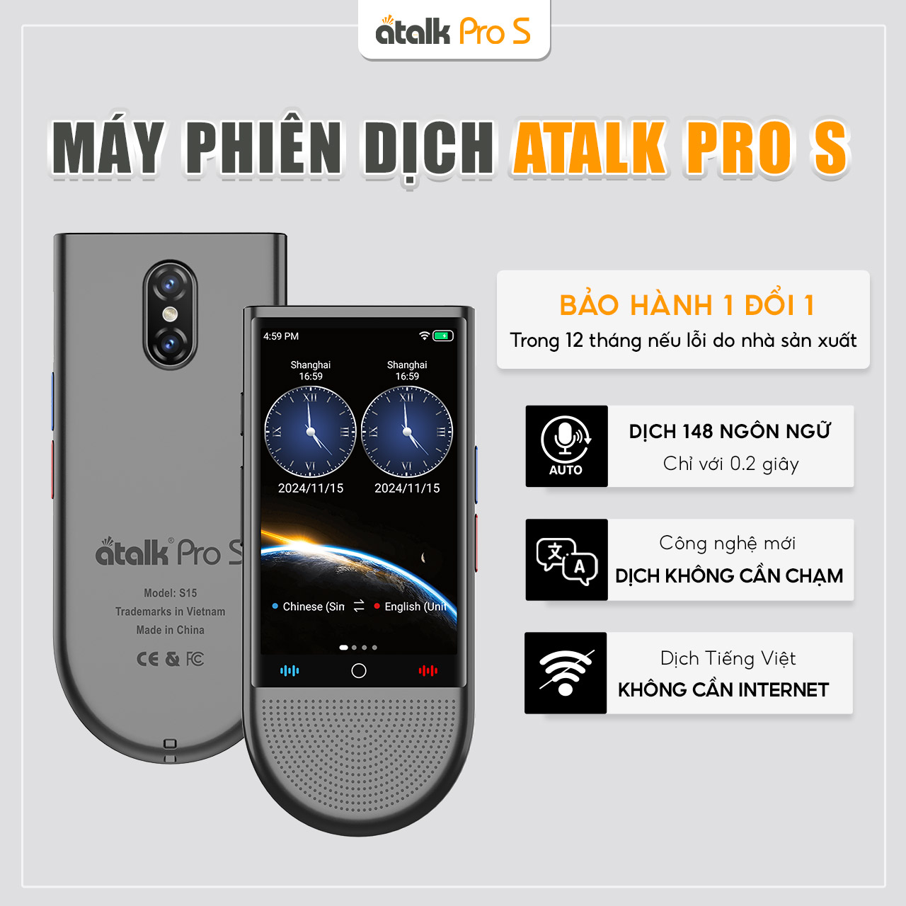Máy Phiên Dịch ATalk Pro S - Tự Động Dịch 148 Ngôn Ngữ - Không Cần Bấm Nút - Không Cần Chạm