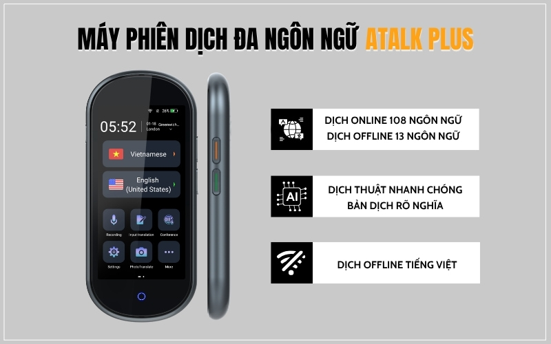 Máy Phiên Dịch Cầm Tay 108 Ngôn Ngữ ATalk Plus