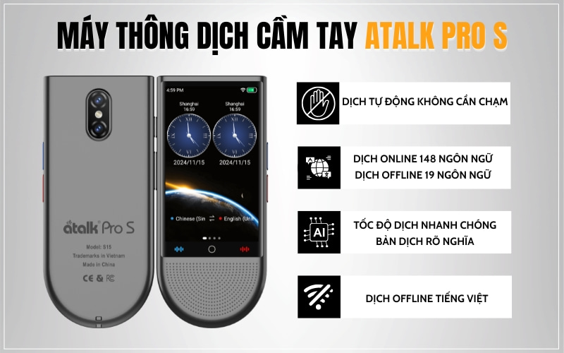 ATalk Pro S - Máy Phiên Dịch Tự Động 148 Ngôn Ngữ - Không Cần Bấm Nút - Không Cần Chạm
